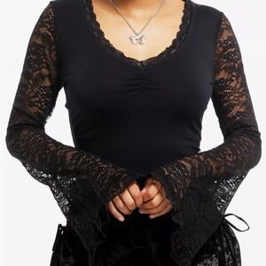 Cosmic Aura Black Butterfly Lace Girls Bell Sleeve Top